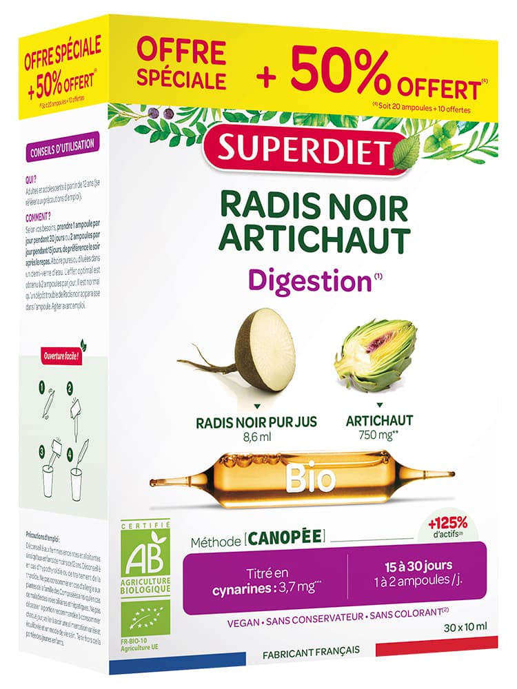 Superdiet Radis Noir Artichaut Digestion Bio 20 Ampoules + 10 Ampoules OFFERTES